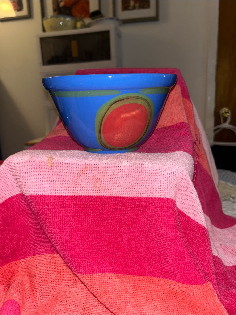 Vibrant Blue Ceramic Bowl with Red Circular Accent